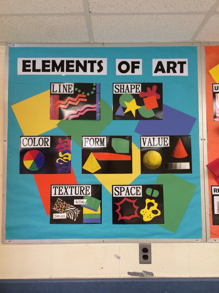 a bulletin board with different types of art on it's sides and the words elements of art written in large letters