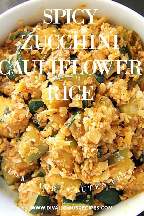 spicy zucchini cauliflower rice in a white bowl with the words, spicy zucchini cauliflower rice