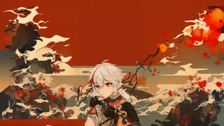 an anime character sitting on a bench in front of a tree with red and orange leaves