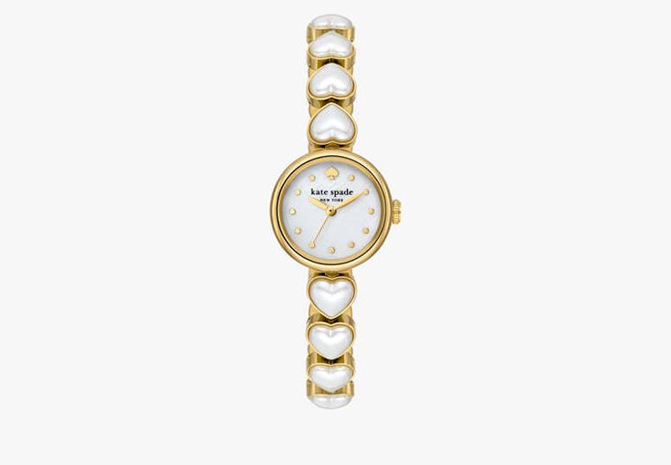 Monroe Heart Pearl Bracelet Watch | KATE SPADE Cute Gold Watch, Dainty Watches For Women, Thrifting Jewelry, Heart Pearl Bracelet, Jewellery Watch, Anastasia Grey, Pearl Watch, Vintage Gold Bracelet, Kate Spade Watch