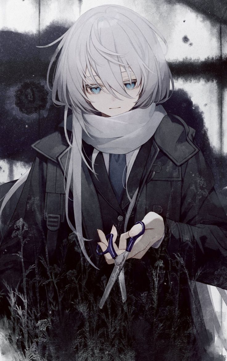 an anime character with long white hair and blue eyes holding a pair of scissors in his hand