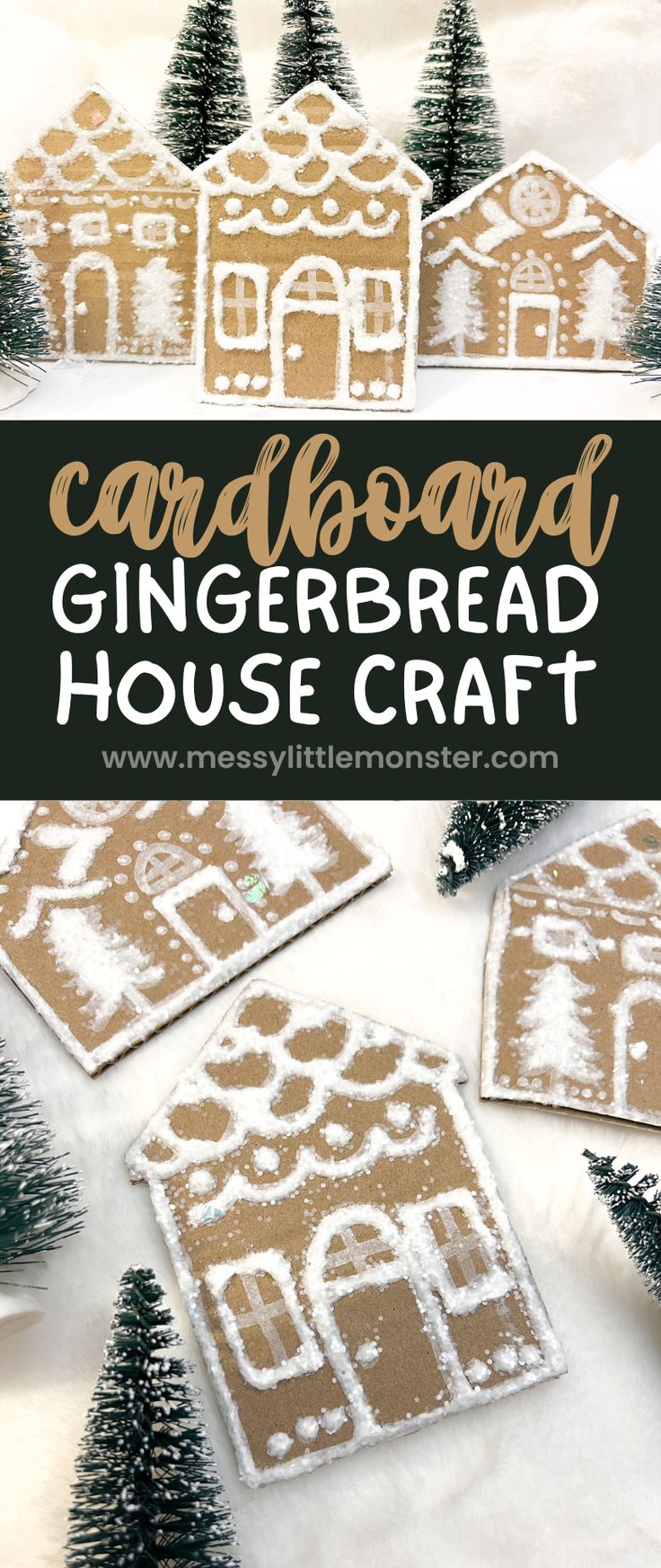 gingerbread house craft with text overlay that says cardboard gingerbread house craft on it