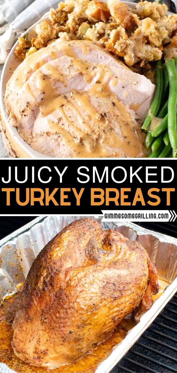 juicy smoked turkey breast with gravy and green beans on the side in foil