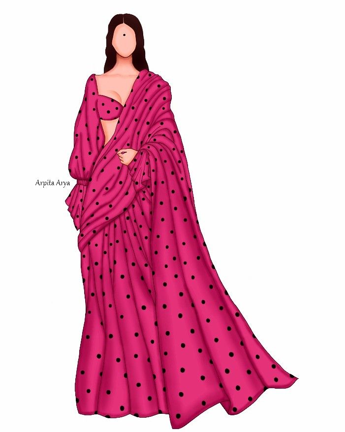 a drawing of a woman wearing a pink dress with black polka dots on the skirt