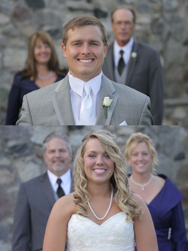 two different pictures of a man and woman in wedding attire, one is smiling at the camera