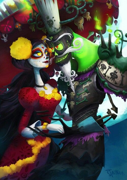 a woman in a red dress and green mask next to a monster with long black hair