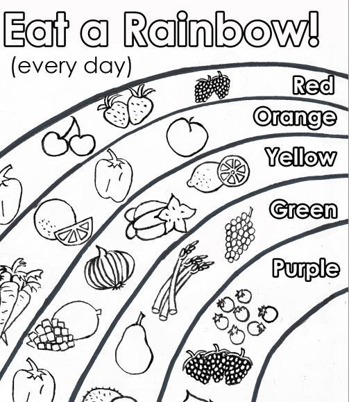 a rainbow coloring page with fruits and vegetables on the bottom, eat a rainbow every day red orange yellow green purple