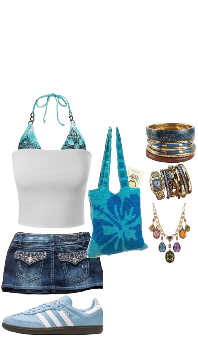 #adidassambas#blue#summerfit#y2k#beach Blue Y2k Outfit, Beach Girl Outfits, Aesthetic Outfits Y2k, Y2k Outfits Summer, Mcbling Fashion, Y2k Beach, Outfits 2000s, Y2k Summer Outfits, Hawaii Outfits