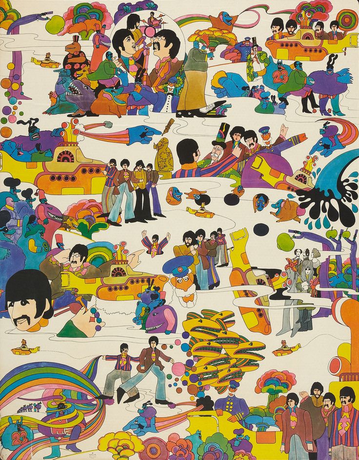 an image of the beatles album cover with many different colored images on it and people standing around