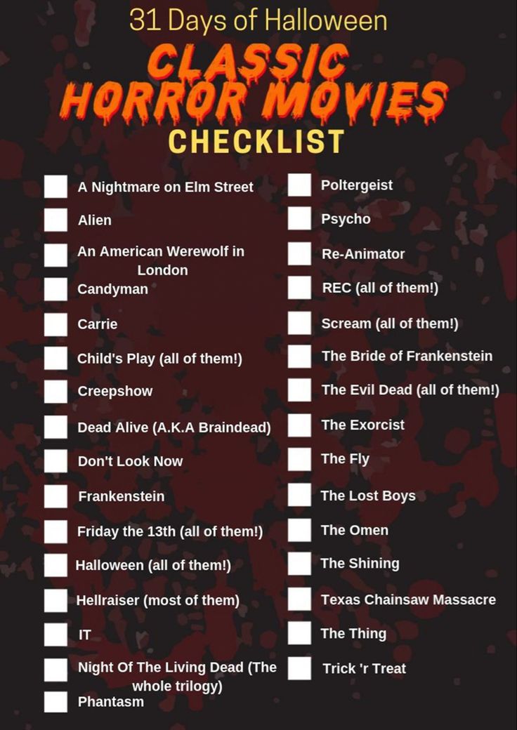 the 31 days of halloween classic horror movies checklist is shown in red and black