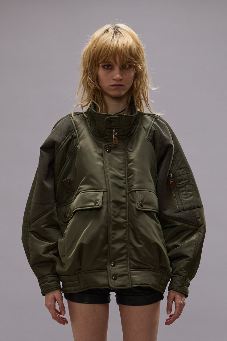 Oversized nylon flight bomber lined in sherpa. Color: Olive 100% Nylon R13WR329-R436A Imported Essential Handbags, R13 Denim, Modern Streetwear, Polo Sweater, Clothing Design, Cool Street Fashion, Wide Pants, Reference Photos, Character Creation