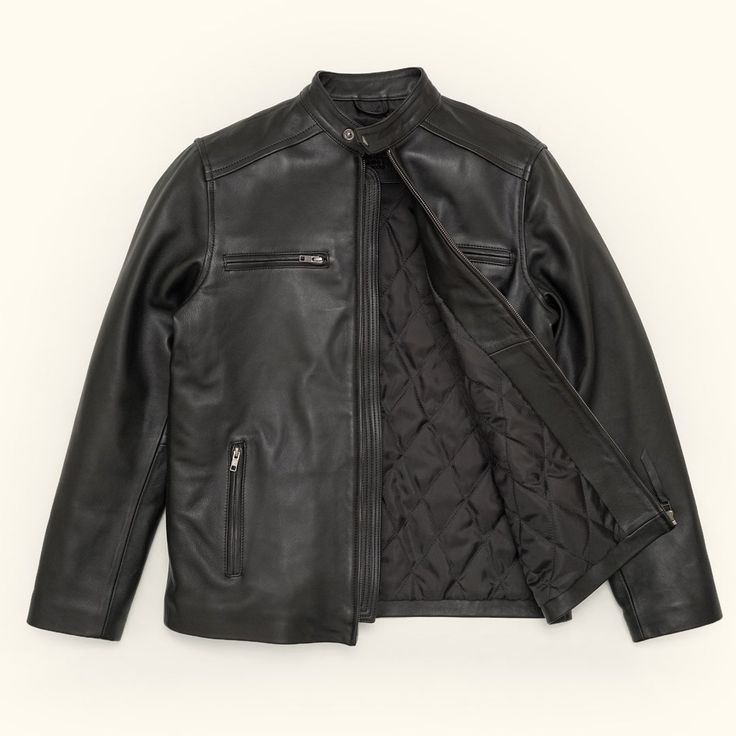 Thompson Leather Moto Jacket | Black hover Classic Leather Jacket With Zipper For Outdoor, Classic Leather Jacket With Zipper Closure For Outdoor, Moto Leather Outerwear For Outdoor, Leather Biker Jacket With Padded Collar For Outdoor, Classic Winter Biker Jacket For Outdoor, Classic Outdoor Biker Jacket With Zipper Closure, Classic Biker Jacket With Zipper Closure For Outdoor, Classic Biker Jacket With Zipper Closure, Rugged Leather Jacket For Winter Motorcycling