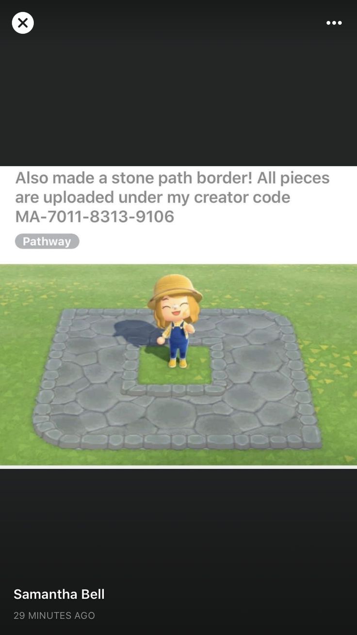 an animal crossing game with the caption that reads, so made a stone path border all pieces are uploaded under my creator code