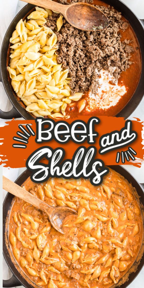 two skillets filled with beef, pasta and cheese on top of a white table