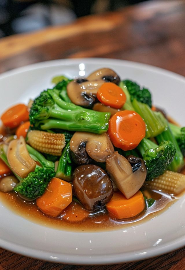 a white plate topped with broccoli, carrots and mushrooms