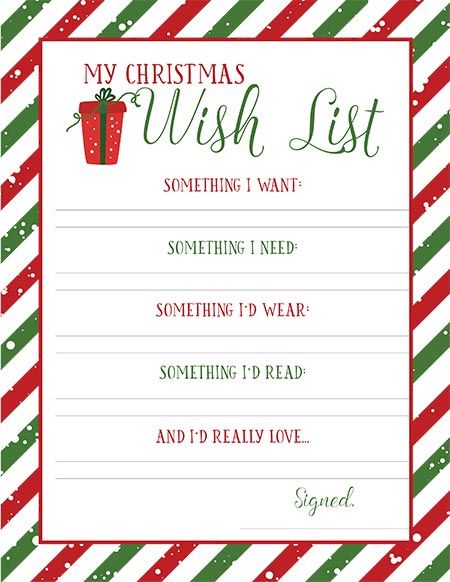 a christmas wish list with red and green stripes