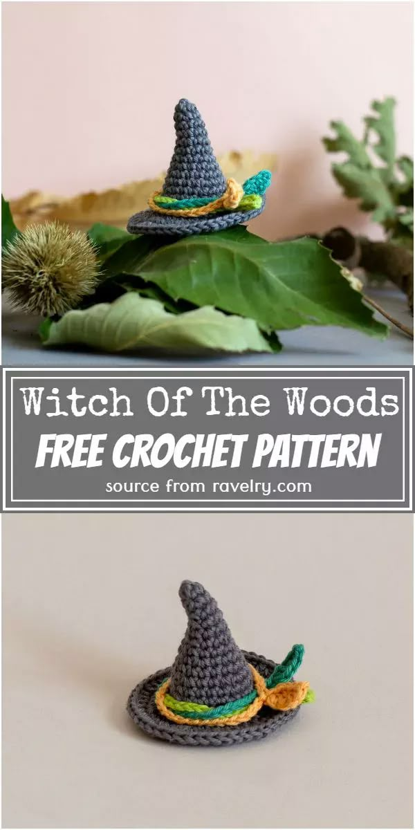 two crocheted witches hats sitting on top of each other with text overlay that reads, watch of the woods free crochet pattern