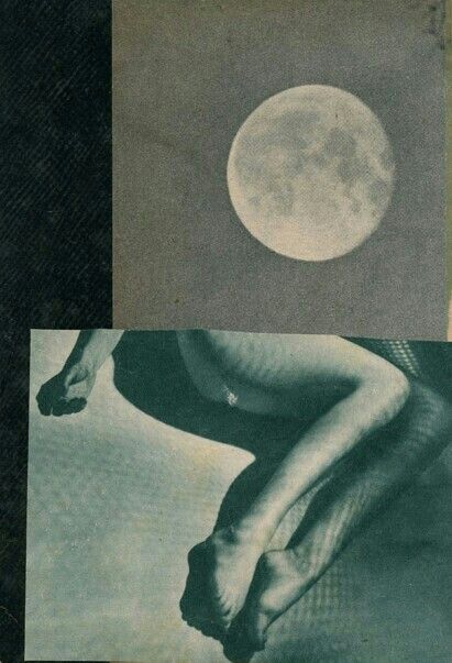 an old book with two pictures of the same person in front of a full moon