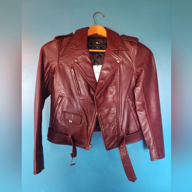 Nwt Rs: I'm Petite And The Sleeves Are Longer On Me. See Photos For Manufacturing Defects/Flaw Faint Scratch From My Cat (See Last Photo) Color Is More Of A Deep Maroon Camel Leather Jacket, Leather Moto Jacket Womens, Cropped Faux Leather Jacket, Pleather Jacket, Grey Leather Jacket, Blue Leather Jacket, Red Black Style, Deep Maroon, Leather Cleaner