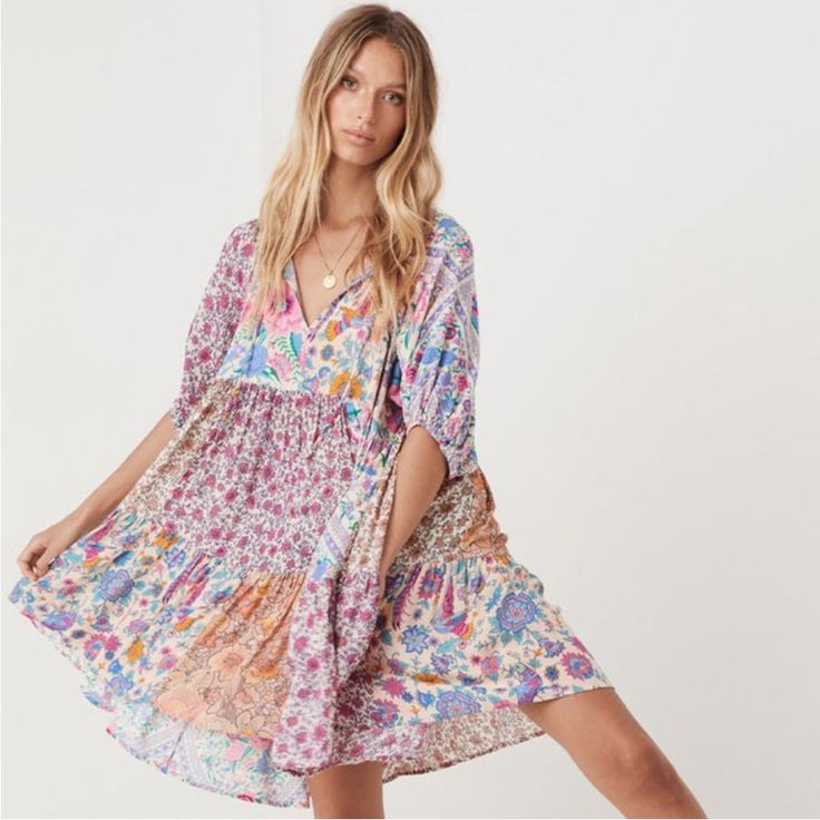 Nwt Spell Renew Patchwork Mini Dress In Spring. Size Large. Roomy Fit. Measurements Provided In Pics. Unlined. Print Placement May Vary. Elastic On Sleeves. Multicolor V-neck Dress With Mixed Print, Purple Patchwork Summer Dress, Multicolor Mixed Print V-neck Dress, Bohemian Short Sleeve Dress With Mixed Print, Bohemian Dresses With Mixed Print And Short Sleeves, Purple Short-sleeved Dress With Patchwork, Bohemian Mixed Print Dresses, Purple Patchwork Dress With Short Sleeves, Purple Short Sleeve Dress With Patchwork