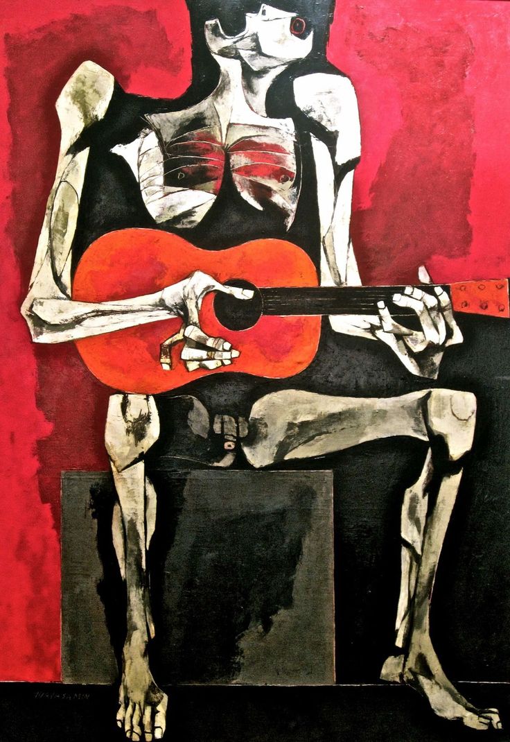 a painting of a skeleton holding a guitar in front of a red and black background