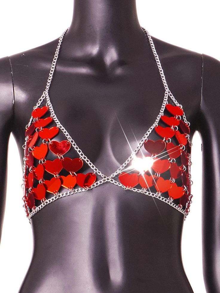 Sexy halter metal sequin heart shaped bra. Size: Bust 35.43” Length 7.48” Fitted Triangle Top Party Bra, Red Triangle Halter Top For Party, Fitted Halter Neck Bra For Parties, Bra Art, Metal Bra, Sequin Corset, Crystal Bra, Party Tank Top, Rhinestone Bra