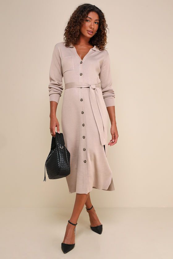 When it comes to autumn aesthetics we say the cozier the better, and that is why the Lulus Charming Comfort Beige Collared Button-Up Sweater Dress is an optimal fall 'fit! This chic sweater knit dress starts with a classy collared neckline and long sleeves. A functional button placket and a front patch pocket accent the figure-flaunting bodycon silhouette that falls to a midi hem with twin side slits. A matching tying sash cinches at the waist for a perfect, adjustable fit! Fit: This garment fit Soap Notes, Beige Sweater Dress, Sweater Midi Dress, Collared Sweater, Chic Sweater, Fall Fit, Beige Dress, To Autumn, Lulu Fashion