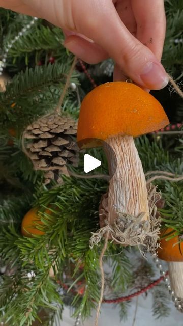 someone is decorating a christmas tree with oranges and pine cones on the branches