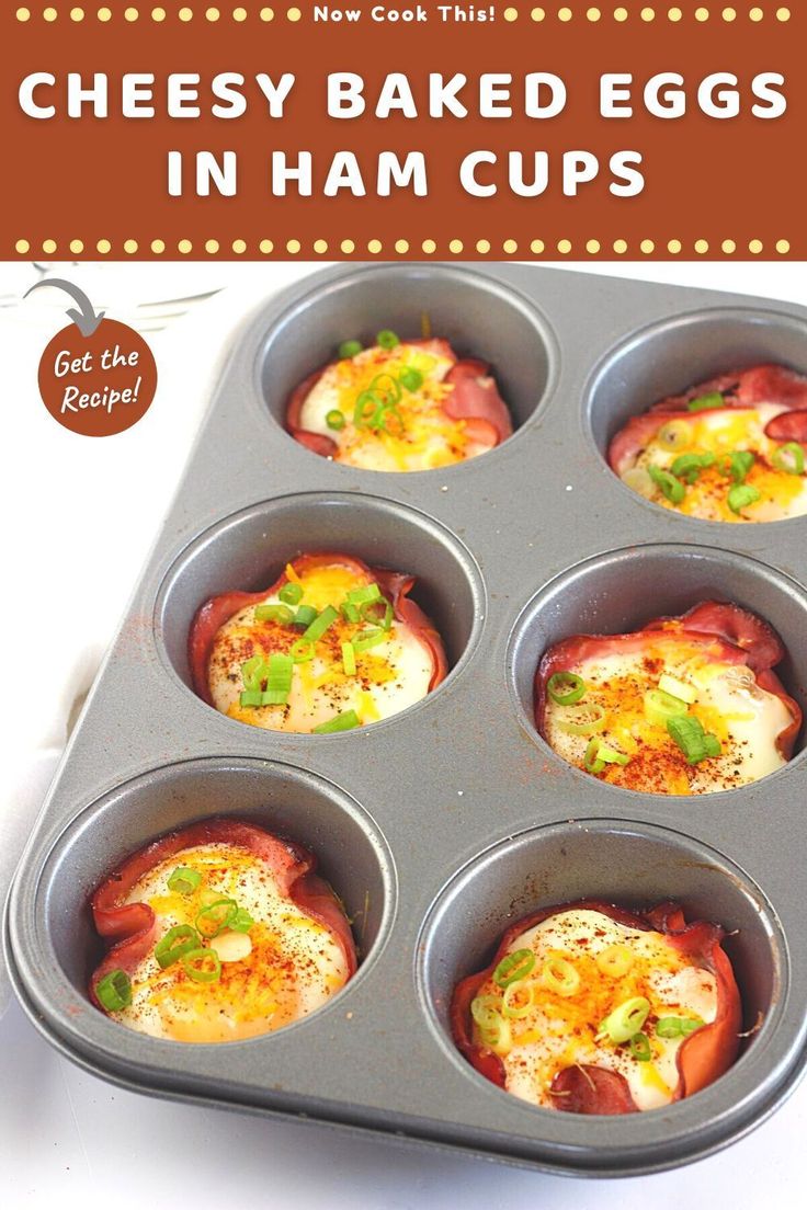 an egg in a muffin tin with the words cheesy baked eggs in them