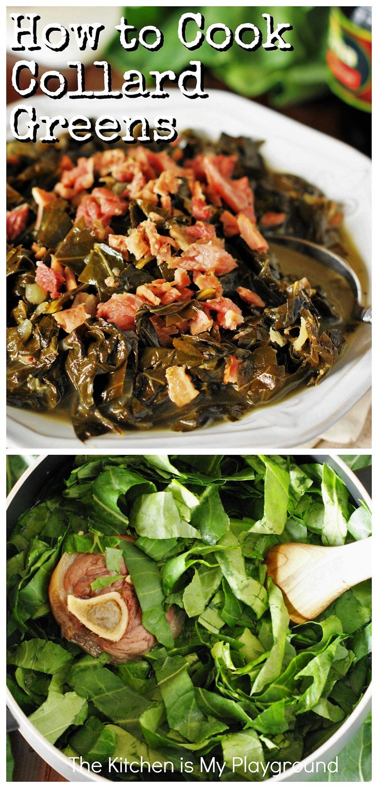 Serving dish of cooked collard greens and pot of collards cooking Collard Greens No Meat, How To Cook Southern Collard Greens, How To Cook Collards Southern Style, Collard Greens Recipe Southern No Meat, Collard Greens Without Meat, How To Prepare Collard Greens, Easy Collard Greens Recipe, How To Cook Collards, Cooking Collard Greens