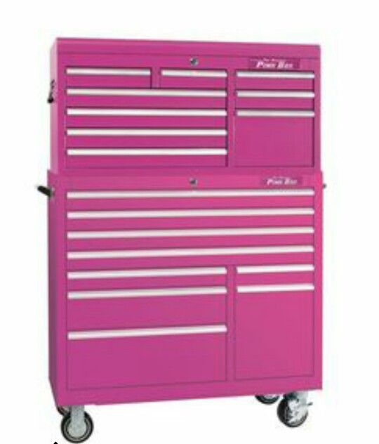 the pink tool cabinet is on wheels