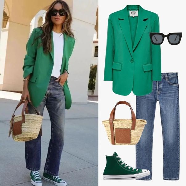 Green Blazer Jeans Outfit, Blazer Verde Outfits Mujer, Green Converse Outfit, Green Blazer Outfit, Green Outfits For Women, Office Outfits Women Casual, Blazer Verde, Converse Fashion, Trainers Outfit