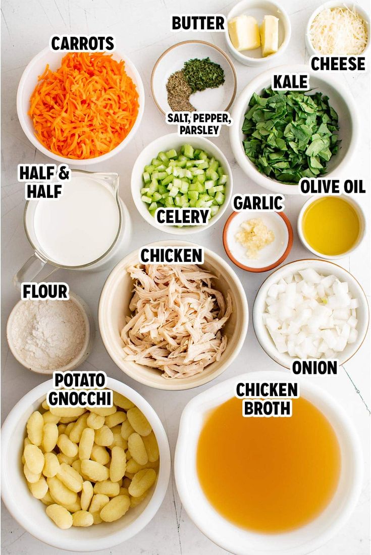 the ingredients to make chicken broth are shown in bowls on a white countertop