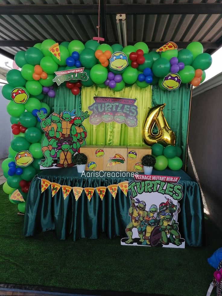 the teenage mutant birthday party is complete with balloons and decorations