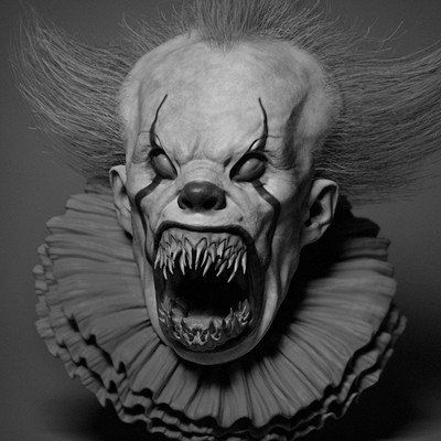 a creepy clown with his mouth open and teeth wide open, in black and white