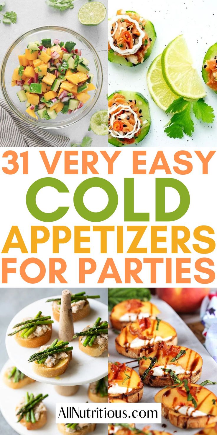 collage of cold appetizers for parties with text overlay