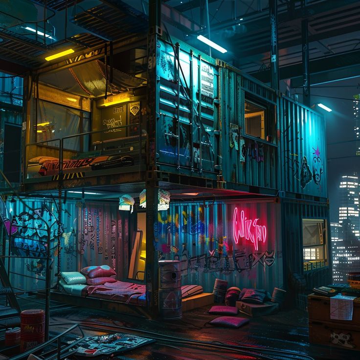 an industrial building with neon lights and graffiti on the walls