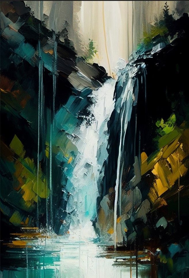 an abstract painting of a waterfall in the woods