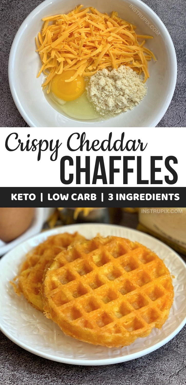 crispy cheddar waffles on a white plate with butter and grated cheese