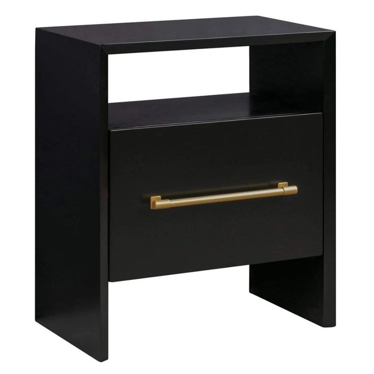 a black night stand with gold handles on the front and bottom shelf, against a white background