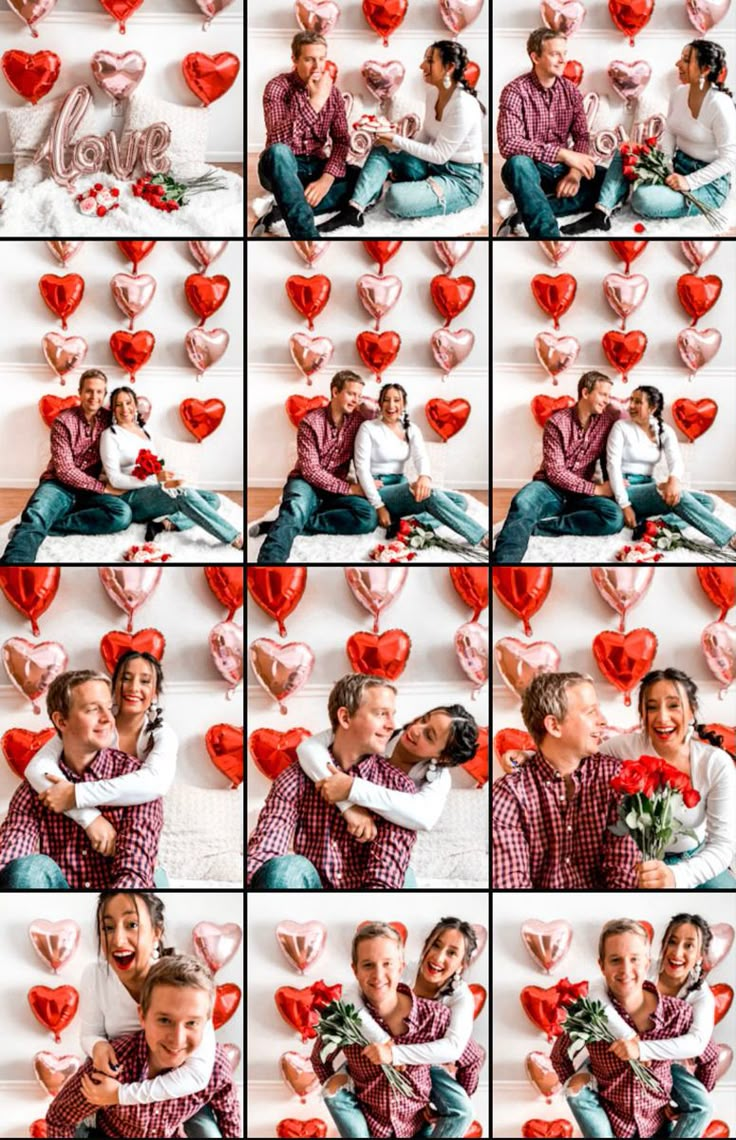 a collage of photos with people holding heart shaped balloons