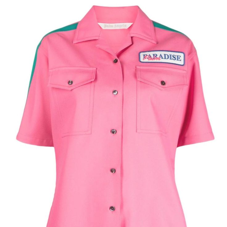 The Size Indicated On The Label Is 42 (It). Logo-Patch Short-Sleeved Shirt Made In Italy Highlights Bubblegum Pink Cotton Blend Logo Patch At The Chest Stripe Detailing Notched Collar Front Button Fastening Short Sleeves Two Chest Flap Pockets Curved Hem Composition 70% Cotton, 30% Polyester Details Woven, Side Seam Stripes, Embellished, Solid Color With Appliqus, Classic Collar, Short Sleeves, Hidden Buttons, Two Breast Pockets, Safari Shirt Pink Short Sleeve Crop Top, Angel Shirt, Safari Shirt, Angels Logo, Short Sleeve Crop Top, Chic Pink, Palm Angels, Bubblegum Pink, Notched Collar