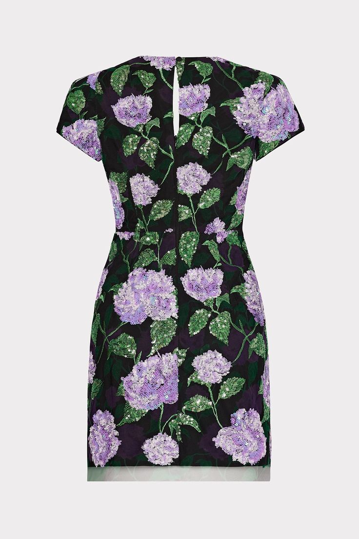 A floral sequin design is embroidered atop mesh throughout this stunning short sleeved minidress with a scalloped hem—a standout piece in our Fall collection. Every time you wear it you’ll feel special, without sacrificing comfort. Fitted Floral Embellished Mini Dress, Spring Purple Dresses With Contrast Sequin, Spring Sequin Dress With Contrast Sequin And Short Sleeves, Spring Sequin Dress With Contrast And Short Sleeves, Purple Dresses With Contrast Sequin For Spring, Fitted Sequin Dress With Floral Print, Floral Applique Mini Dress For Evening, Summer Dresses With Contrast Sequin And Short Sleeves, Fitted Purple Dress With Floral Applique