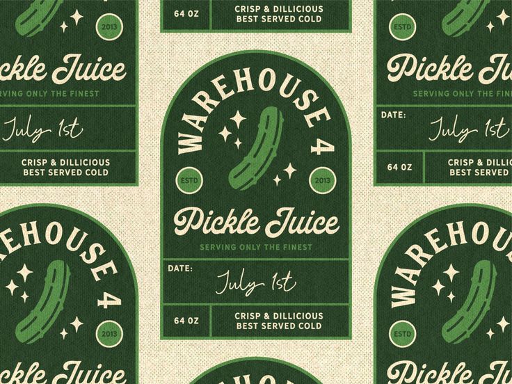 six different labels for pickle juice are shown in green and white, with the words pickle juice on them