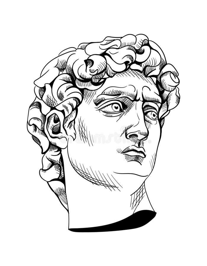 the head of an ancient man with curly hair in black and white royalty - art illustration