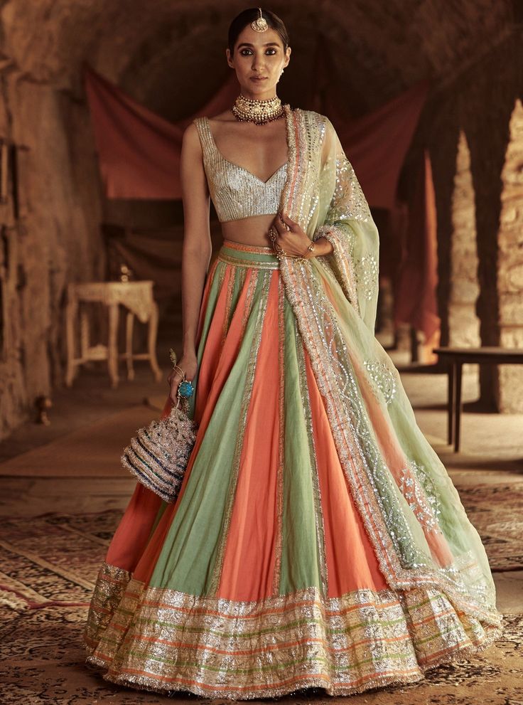 Itrh-Peach & Mint Raina Lehenga Set-INDIASPOPUP.COM Indian Outfits Lehenga, Green Lehenga, Indian Dresses Traditional, Indian Dress, Organza Dupatta, Lehenga Designs, Silk Organza, Indian Ethnic Wear, Indian Design