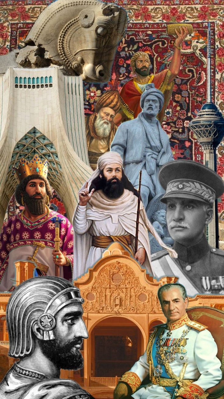 the collage shows many different people in ancient costumes and historical clothing, including men with beards