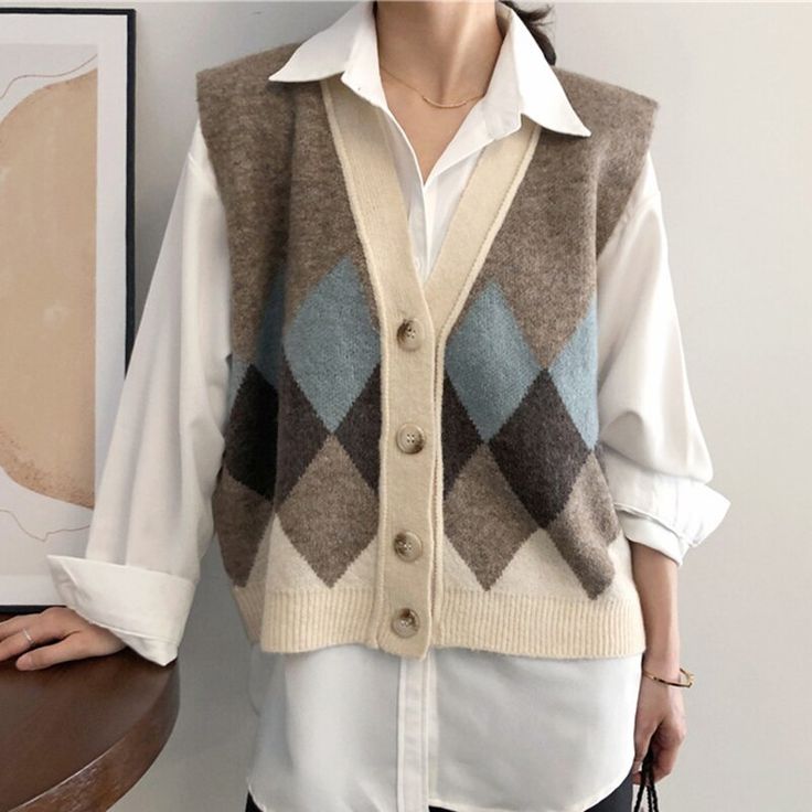 Brand Name: linenlooks,Style:Casual,Pattern Type:Argyle,Clothing Length:Regular,Season:Spring/Autumn,Sleeve Length(cm):Sleeveless,Sleeve Style:Regular,Thickness:STANDARD,Closure Type:Single BreastedOne Size (unit:cm)Length:  Bust:  Sleeve:  Shoulder:  Hem:Note: 1 inch = 2.54 cm, 1 cm = 0.39 inchMeasurement by hands allow 2-3cm errors which is normal Cheap Knit Sweaters, Sweater Vest Outfit Women, Female Waistcoat, Oversized Sweater Coat, Sleeveless Sweater Cardigan, Sweater Vest Outfit, Vest Sweater, Coat Autumn, Autumn Sleeve