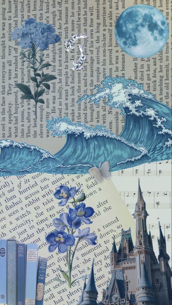 a collage of books, flowers and an image of a castle with waves coming out of it