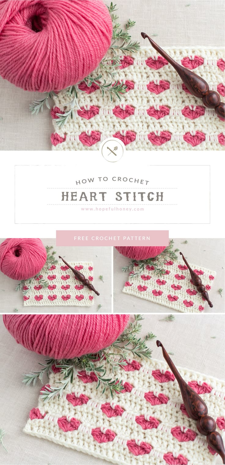 the crochet heart stitch pattern is shown in pink and white with flowers on it